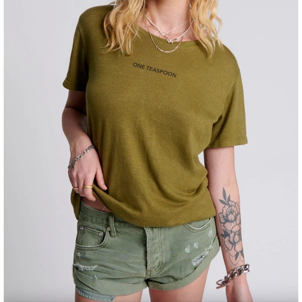 One Teaspoon NEW Linen Wide Neck Tee‎ Worn Khaki Short Sleeve Casual Top Small
